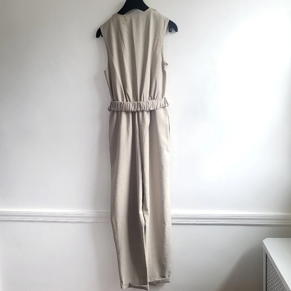 New Zara Textured Linen Blend V-Neck Sleeveless Belted Tan Jumpsuit NWT Small